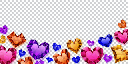 Illustration of multicolored hearts made of crystals witn shadows on transparent backgroundのイラスト素材