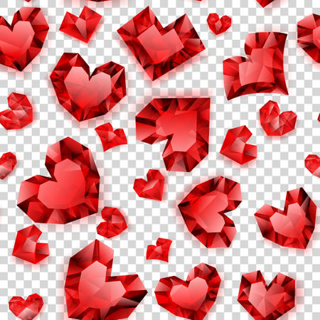 Seamless pattern of red hearts made of crystals witn shadows on transparent backgroundのイラスト素材