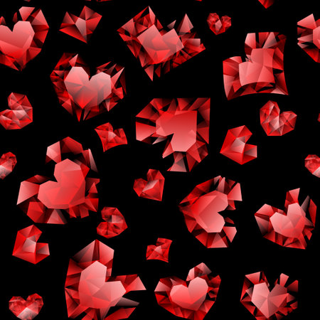 Seamless pattern of red hearts made of crystals witn shadows on black backgroundのイラスト素材