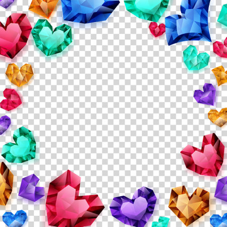 Illustration of multicolored hearts made of crystals witn shadows on transparent backgroundのイラスト素材