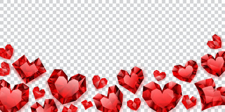 Illustration of red hearts made of crystals witn shadows on transparent backgroundのイラスト素材