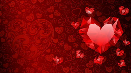 Background of big, small and several crystal hearts in red colors. Illustration on valentine dayのイラスト素材