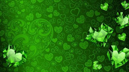 Background of big, small and several crystal hearts in green colors. Illustration on valentine dayのイラスト素材