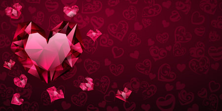 Background of big, small and several crystal hearts in red colors. Illustration on valentine dayのイラスト素材