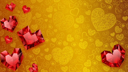 Background of big, small and several crystal hearts, red on yellow. Illustration on valentine dayのイラスト素材