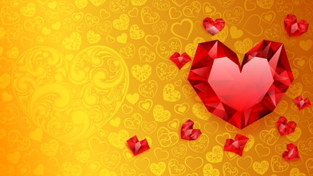 Background of big, small and several crystal hearts, red on yellow. Illustration on valentine dayのイラスト素材