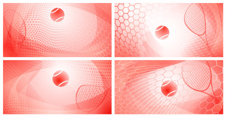Set of four abstract tennis backgrounds with ball and racket in light red colorsのイラスト素材