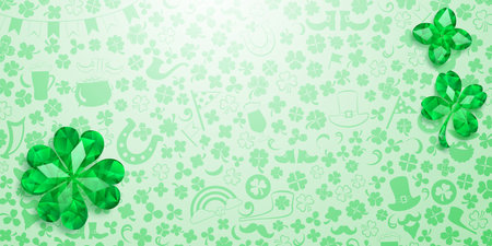 Background on St. Patrick's Day made of crystal clover leaves and other symbols in light green colorsのイラスト素材