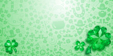 Background on St. Patrick's Day made of crystal clover leaves and other symbols in light green colorsのイラスト素材