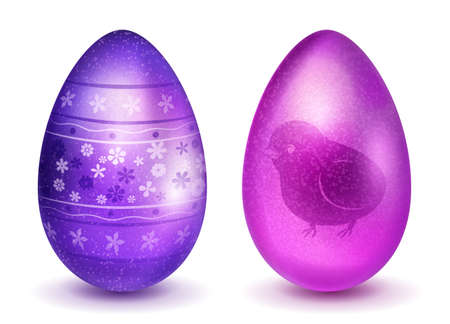 Two realistic Easter eggs with different surface texture, patterns and holiday symbols in purple colors. With shadows on white backgroundのイラスト素材