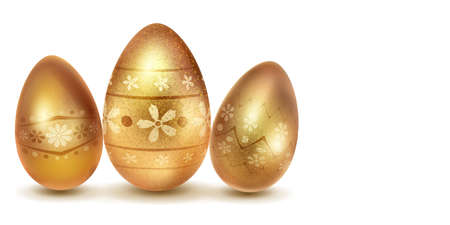 Three realistic Easter eggs with different surface texture, patterns and holiday symbols in golden colors. With shadows on white backgroundのイラスト素材