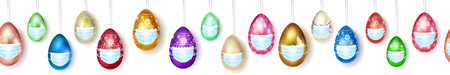 Banner made of realistic hanging Easter eggs in various colors with holiday symbols in medical masks on white background with seamless horizontal repetitionのイラスト素材