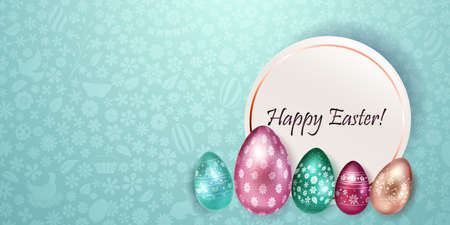 Illustration with several realistic Easter eggs in various colors with holiday symbols, glares and shadows on colorful backgroundのイラスト素材