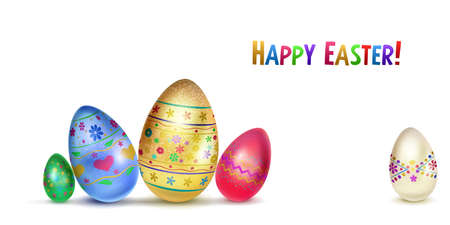 Illustration with several realistic Easter eggs in various colors with holiday symbols, glares and shadows on white backgroundのイラスト素材
