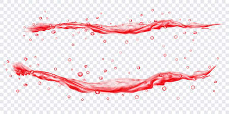 Translucent water jets with drops in red colors, isolated on transparent background. Transparency only in vector fileのイラスト素材