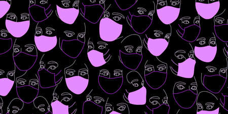 Background of female faces in protective medical masks drawn with one continuous line. Minimalistic...