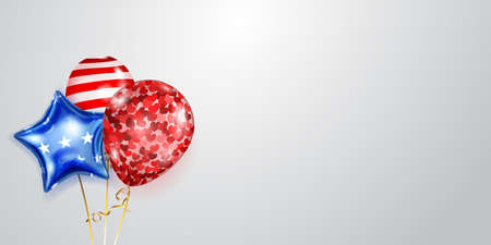 Background with several colored balloons in the colors of the USA flag. Illustration for the Independence Day of the United States of Americaのイラスト素材