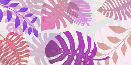 Background with exotic jungle plants. Tropical palm leaves. Rainforest illustration, multicolored on white.のイラスト素材