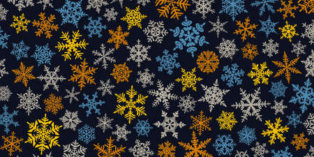 Christmas background with various complex big and small snowflakes, colored on blackのイラスト素材
