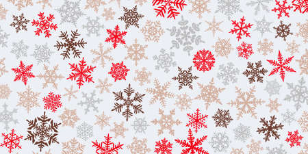 Christmas background with various complex big and small snowflakes, red and brown on white