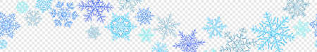 Banner of big complex translucent Christmas snowflakes in gray and light blue colors, isolated on...