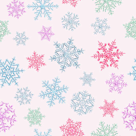 Seamless pattern of complex Christmas snowflakes in various colors on white backgroundのイラスト素材