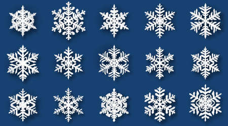 Set of beautiful complex volume Christmas snowflakes with soft shadows, white on blue backgroundのイラスト素材