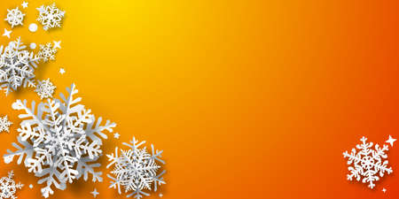 Christmas background of paper snowflakes with soft shadows, white on orange backgroundのイラスト素材