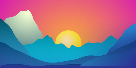 Fantastic landscape with mountains and setting sunのイラスト素材