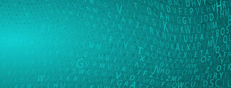 Abstract halftone background made of letters of different sizes in turquoise colors