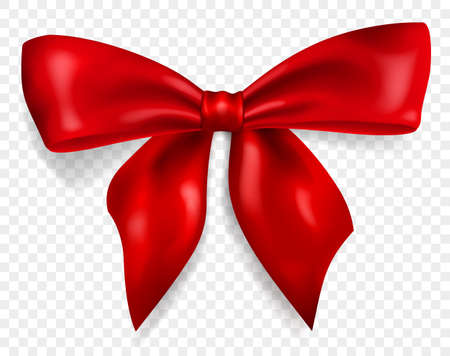 Beautiful big bow made of red ribbon with shadow, isolated on transparent background. Transparency only in vector formatのイラスト素材