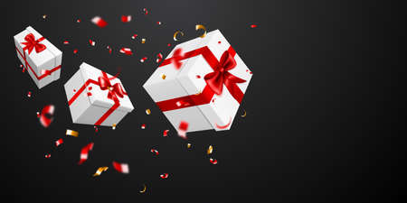 Vector illustration with flying white gift boxes with red ribbons and bows, and small blurry pieces...