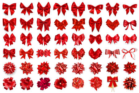 Set of 48 beautiful realistic big red bows of various shapes with shadows on white background. Vector illustrationのイラスト素材