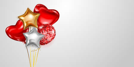 Vector illustration with several golden, red and silver helium balloons, round, heart-shaped and star-shaped, on white backgroundのイラスト素材