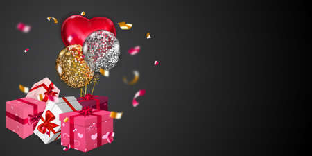 Vector illustration for Valentine's Day with helium balloons, small blurry pieces of serpentine and several red, pink and white gift boxes with ribbons, bows and pattern of hearts, on black backgroundのイラスト素材