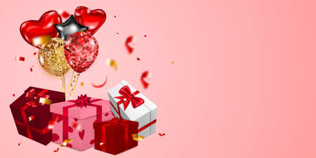 Vector illustration for Valentine's Day with helium balloons, small blurry pieces of serpentine and several red and white gift boxes with ribbons, bows and pattern of hearts, on pink backgroundのイラスト素材