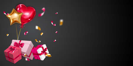Vector illustration for Valentine's Day with helium balloons, small blurry pieces of serpentine and several red, pink and white gift boxes with ribbons, bows and pattern of hearts, on black backgroundのイラスト素材