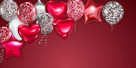 Vector illustration with flying colored helium balloons in various shapes and colors on red backgroundのイラスト素材