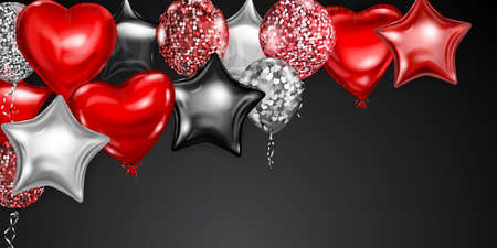 Vector illustration with flying colored helium balloons in various shapes and colors on black backgroundのイラスト素材