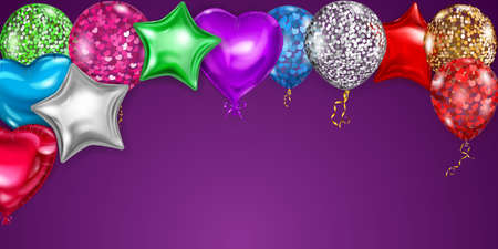 Vector illustration with flying colored helium balloons in various shapes and colors on purple backgroundのイラスト素材