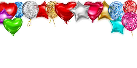 Vector illustration with flying colored helium balloons in various shapes and colors on white backgroundのイラスト素材