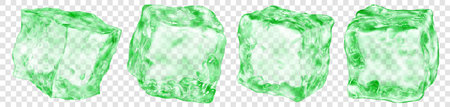 Set of four realistic translucent ice cubes in green color, isolated on transparent background. Transparency only in vector formatのイラスト素材