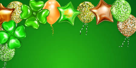 Illustration on St. Patrick's Day with flying colored helium balloons: round, star-shaped, and in the form of a four-leaf clover, on green backgroundのイラスト素材