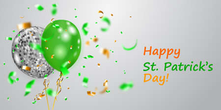 Illustration on St. Patrick's Day with several colored helium balloons: ordinary and in the form of a four-leaf clover, and falling pieces of serpentine. On white backgroundのイラスト素材