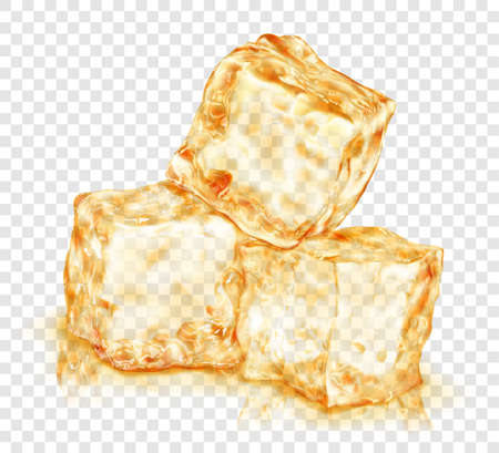 Group of three realistic translucent ice cubes in yellow color, with reflection, isolated on transparent background. Transparency only in vector formatのイラスト素材