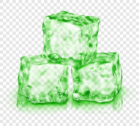 Group of three realistic translucent ice cubes in green color, with reflection, isolated on transparent background. Transparency only in vector formatのイラスト素材