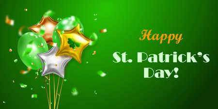 Illustration on St. Patrick's Day with several colored helium balloons: ordinary and in the form of a four-leaf clover, and falling pieces of serpentine. On green backgroundのイラスト素材
