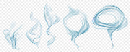 Set of several realistic transparent light blue smokes or steam, for use on light background. Transparency only in vector formatのイラスト素材