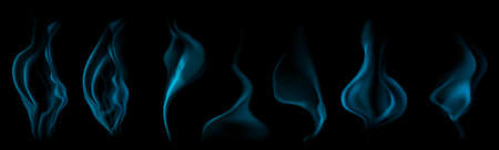 Set of several realistic transparent light blue smokes or steam, for use on dark background. Transparency only in vector formatのイラスト素材