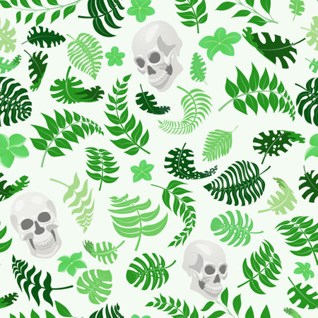 Seamless pattern with exotic jungle plants and human skulls. Tropical palm leaves and flowers. Illustration for Mexican holiday Day of the Dead, Dia de los Muertos, green on white backgroundのイラスト素材